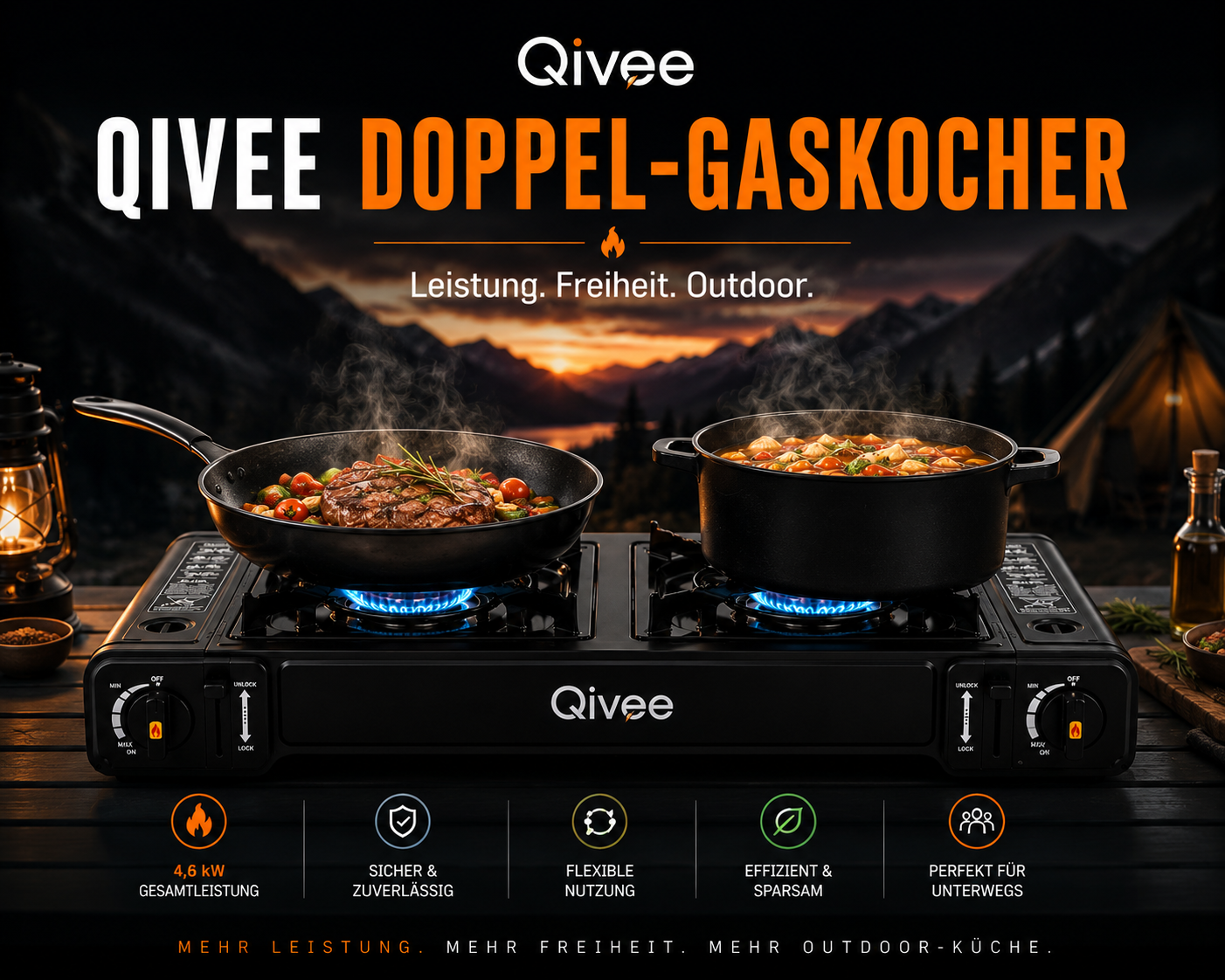 Gaskocher Campingkocher Gas Kocher Camping Herd Notfallkocher 2-Flammig Piezo