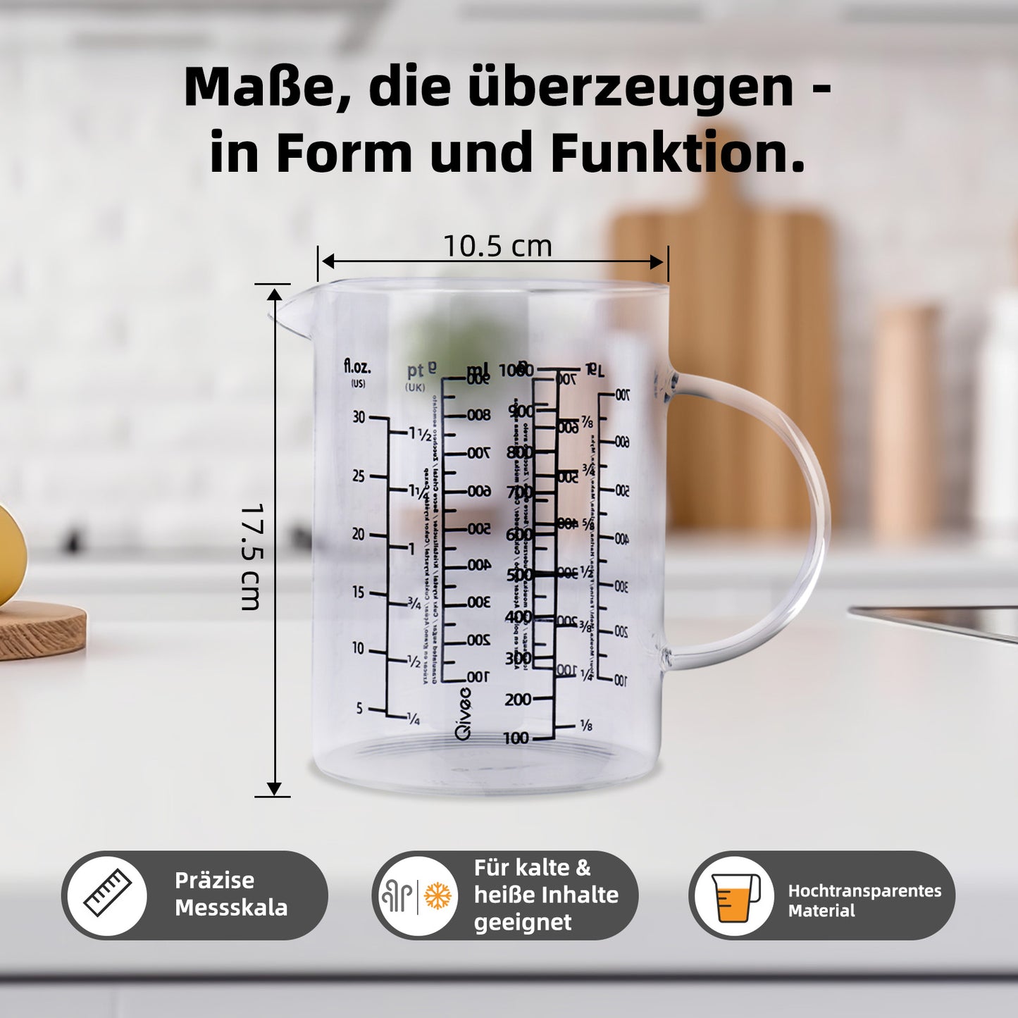 Messbecher 1L Glas hitzebeständig Messkanne Dosierhilfe 1000ml Messbehälter