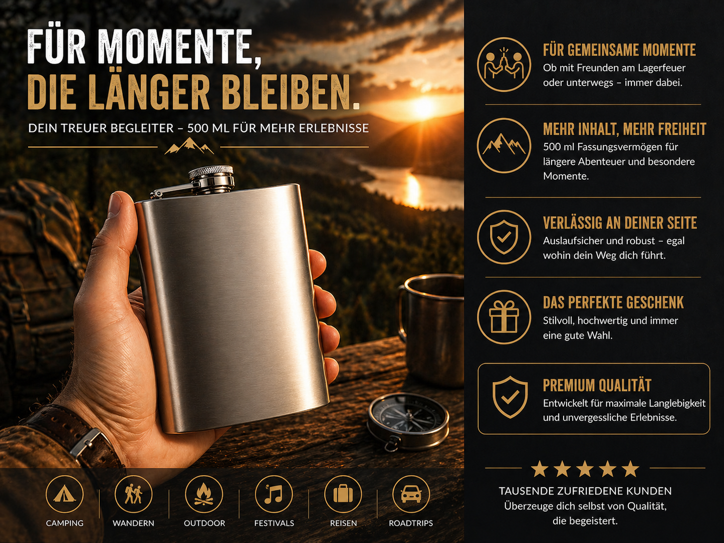 XXL Flachmann 0,5 Liter Edelstahl Taschenflachmann Taschenflasche Trinkflasche