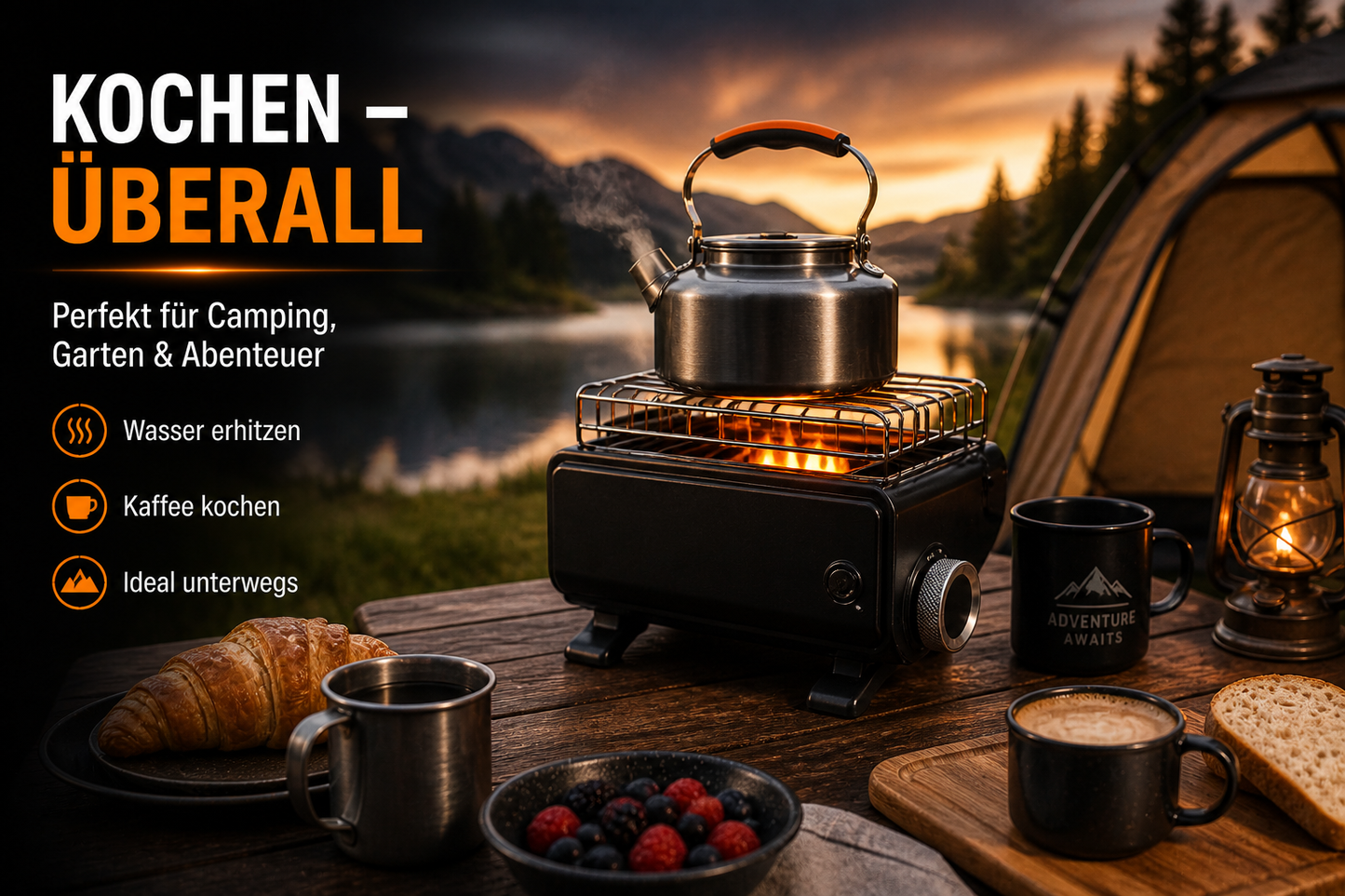 2in1 Gasheizung Camping Gaskocher 1,7kW tragbar Butan Keramik Heizer Outdoor