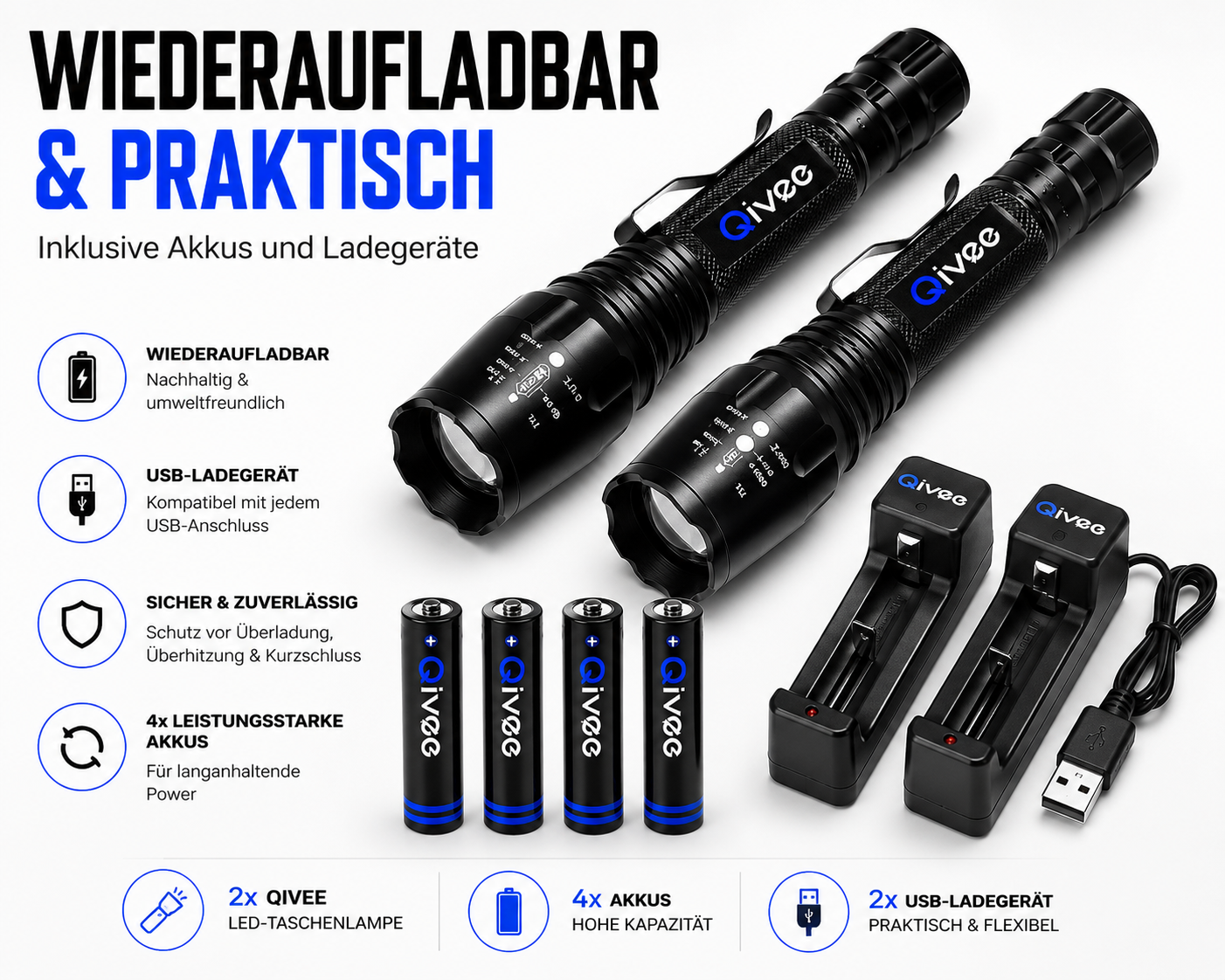 2x LED Taschenlampe Lampe 1km Leuchtweite Militär Taktische USB Wiederaufladbar