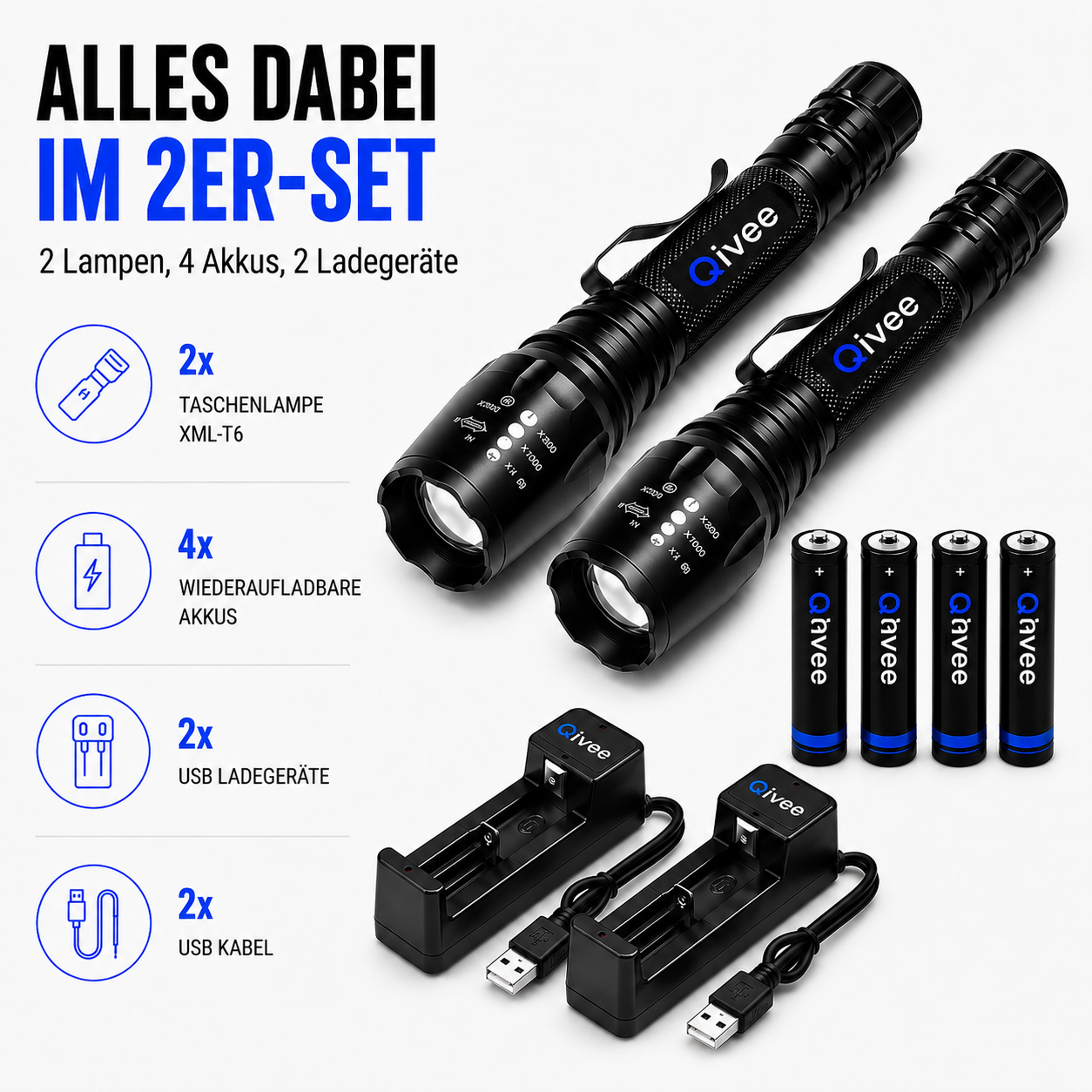 2x LED Taschenlampe Lampe 1km Leuchtweite Militär Taktische USB Wiederaufladbar