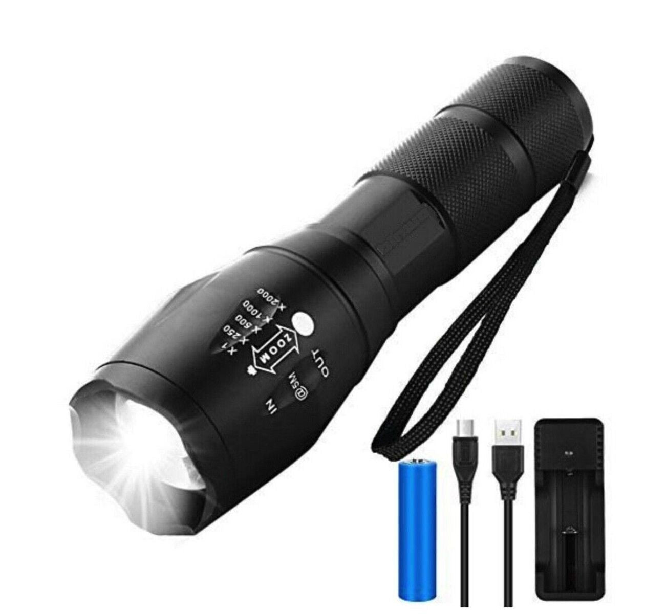 2x LED Taschenlampe Polizei Lampe wiederaufladbar Zoom PowerAkku Ladegerät Swat