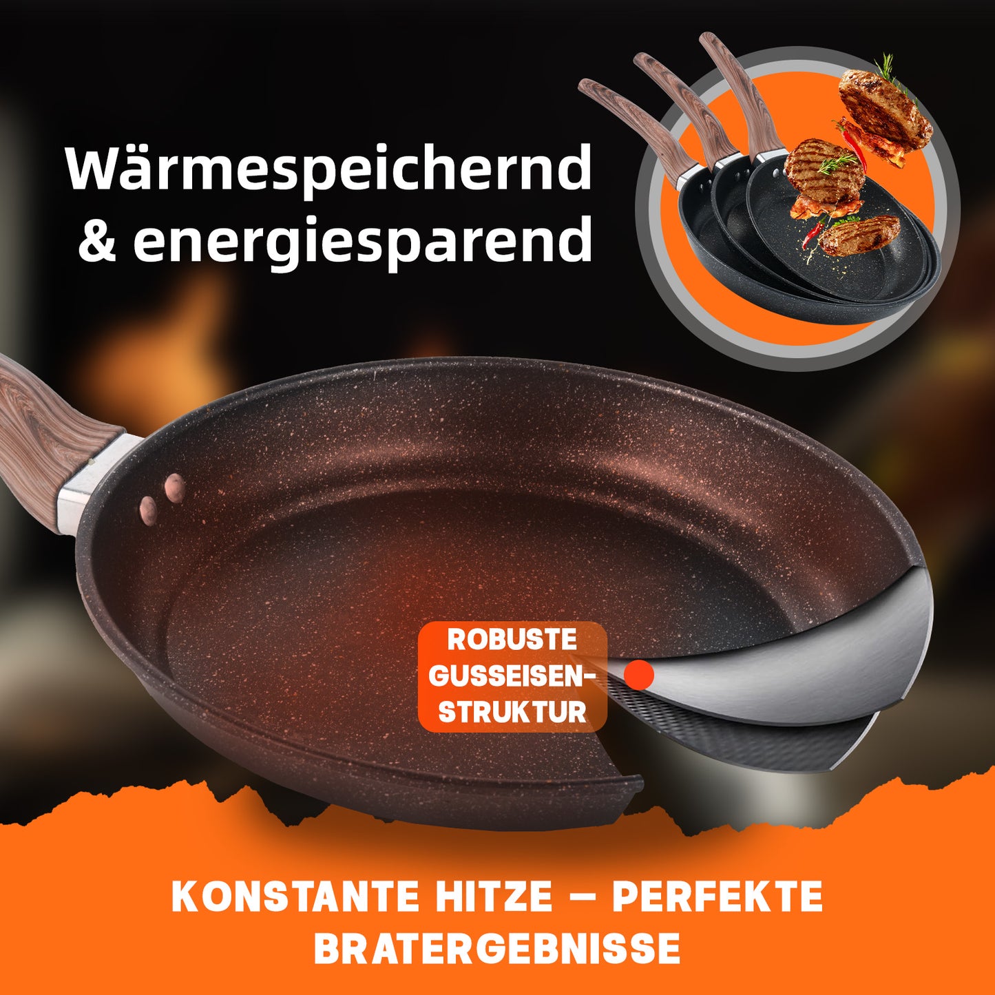 3er Bratpfannen Set Pfannenset 22/26/30 cm alle Herdarten Gusseisen Antihaft