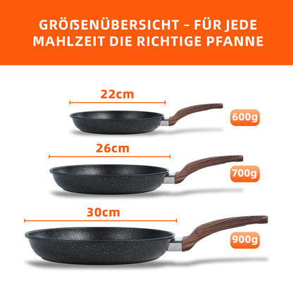 3er Bratpfannen Set Pfannenset 22/26/30 cm alle Herdarten Gusseisen Antihaft