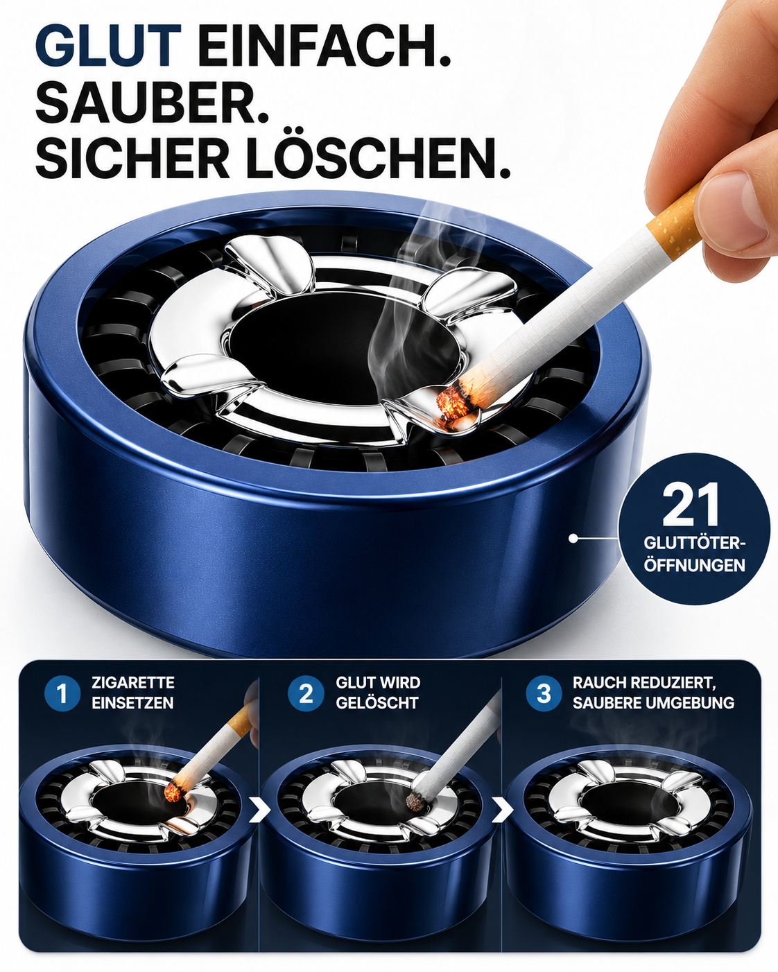 3x Aschenbecher Gluttöter Wind Balkon Bistro Rund Glut Killer Ascher Löscher Set