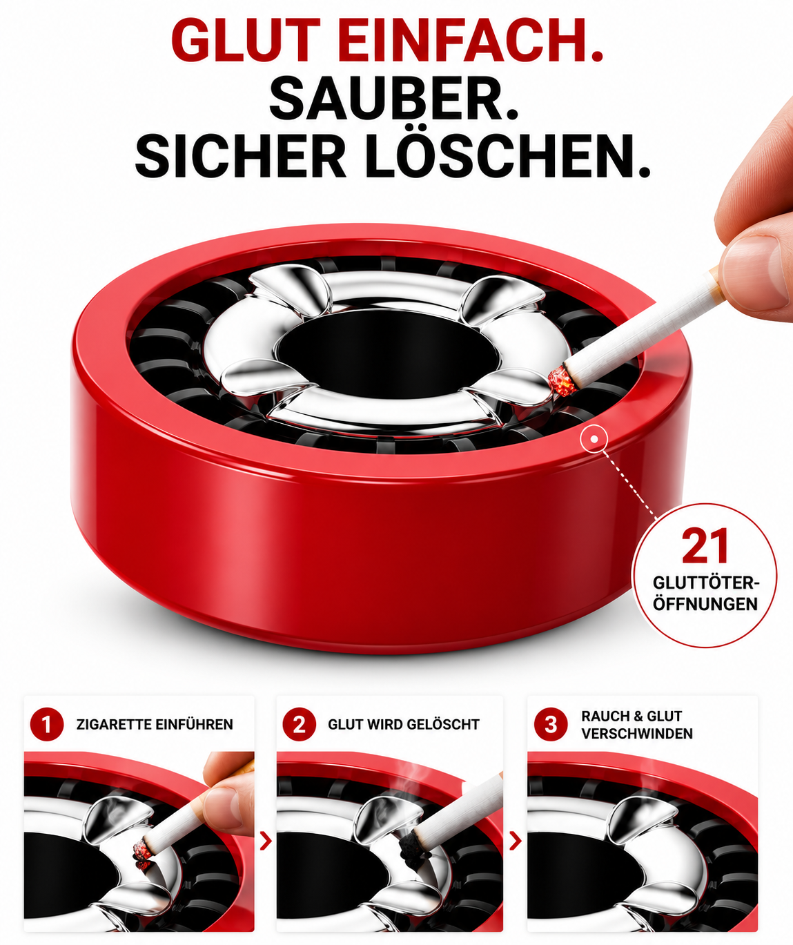 3x Aschenbecher Gluttöter Wind Balkon Bistro Rund Glut Killer Ascher Löscher Set
