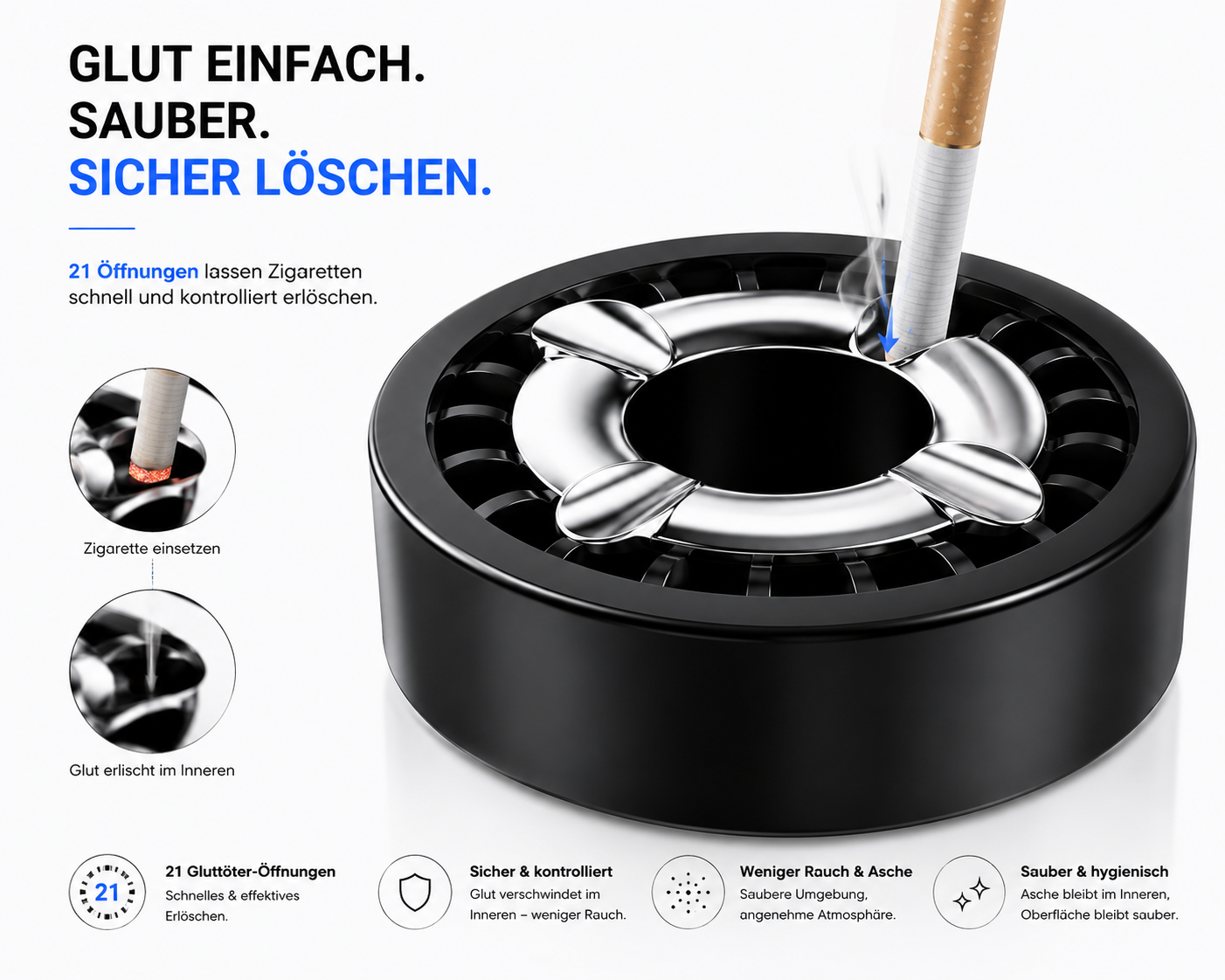 Aschenbecher mit Gluttöter, Windaschenbecher für außen runder Ascher Tabak