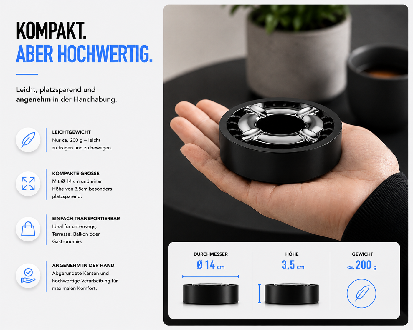 Aschenbecher mit Gluttöter, Windaschenbecher für außen runder Ascher Tabak