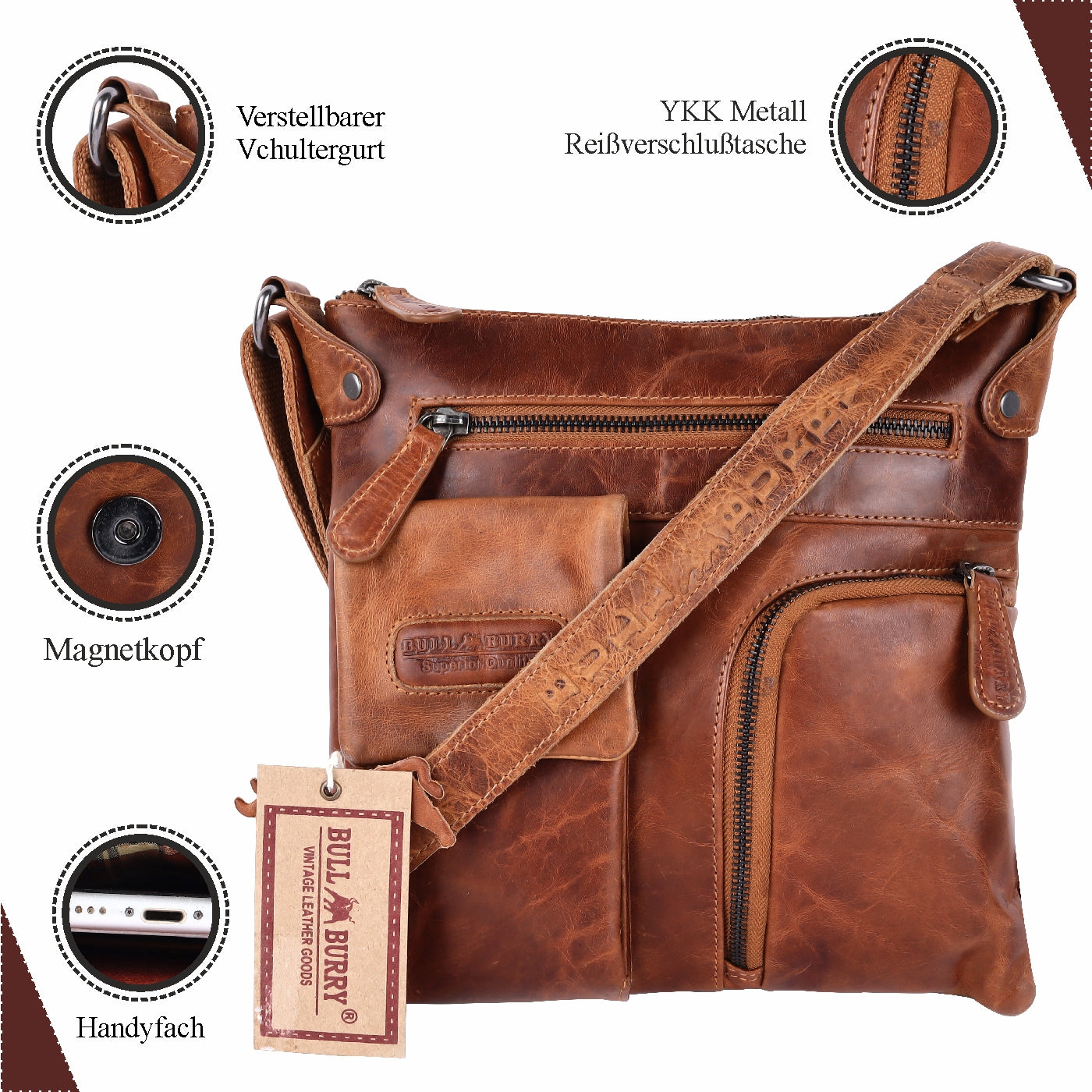 Leder Umhängetasche Herren Damen Schulter-Tasche Minibag Crossbag Bull Burry