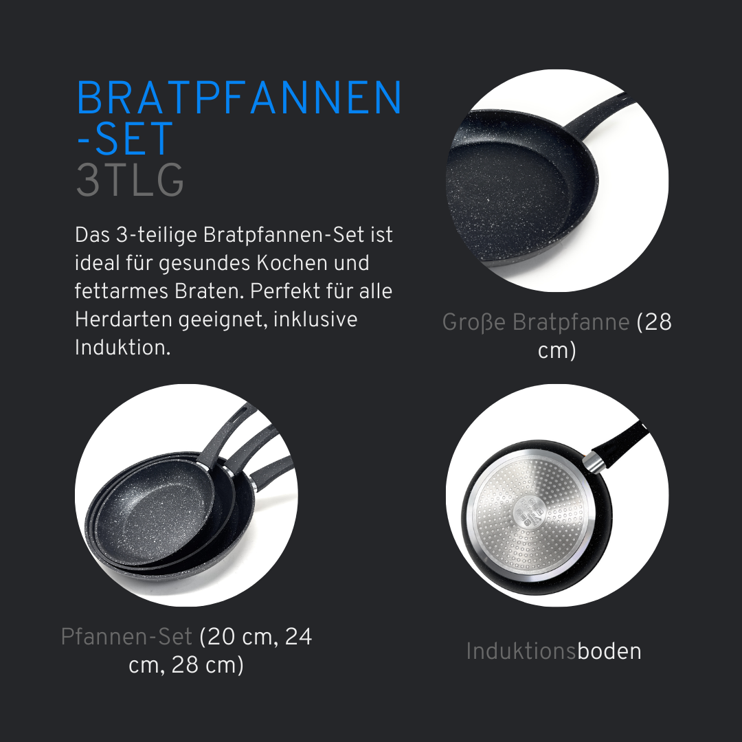 Bratpfannen Pfannenset 3er Set 22/26/30 cm alle Herdarten Induktion Gusseisen