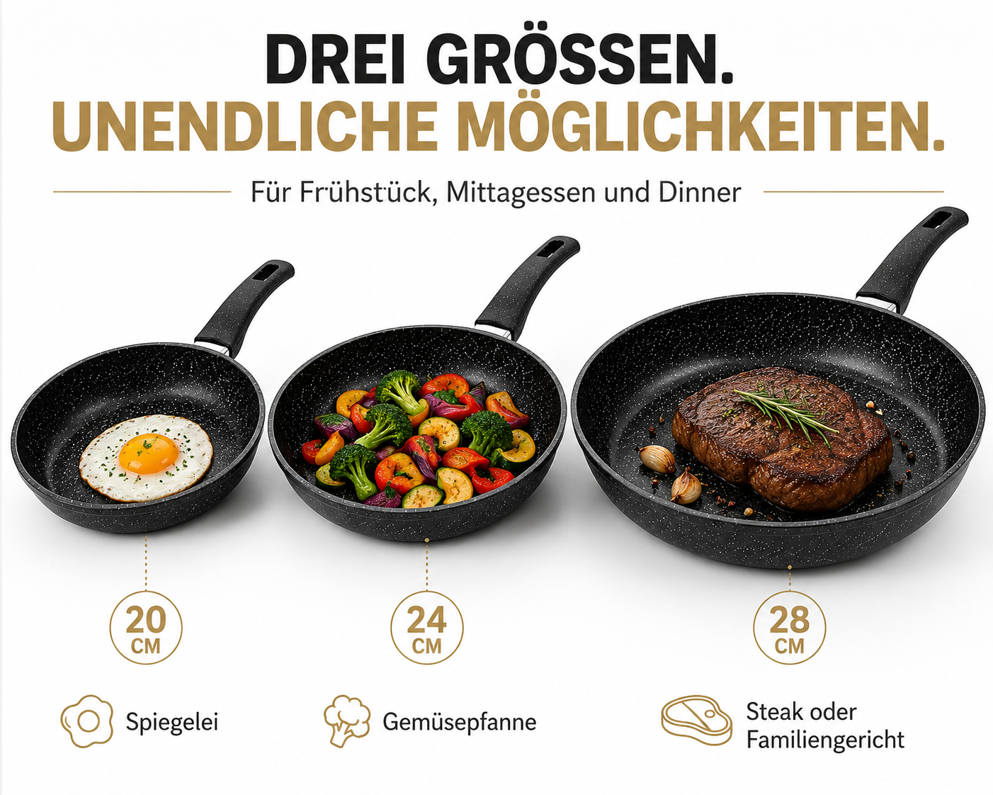 Bratpfannen-Set 3-teilig, Pfannenset 20/24/28 cm – Induktion & alle Herdarten, mit Soft-Touch-Griff & antihaftbeschichtet