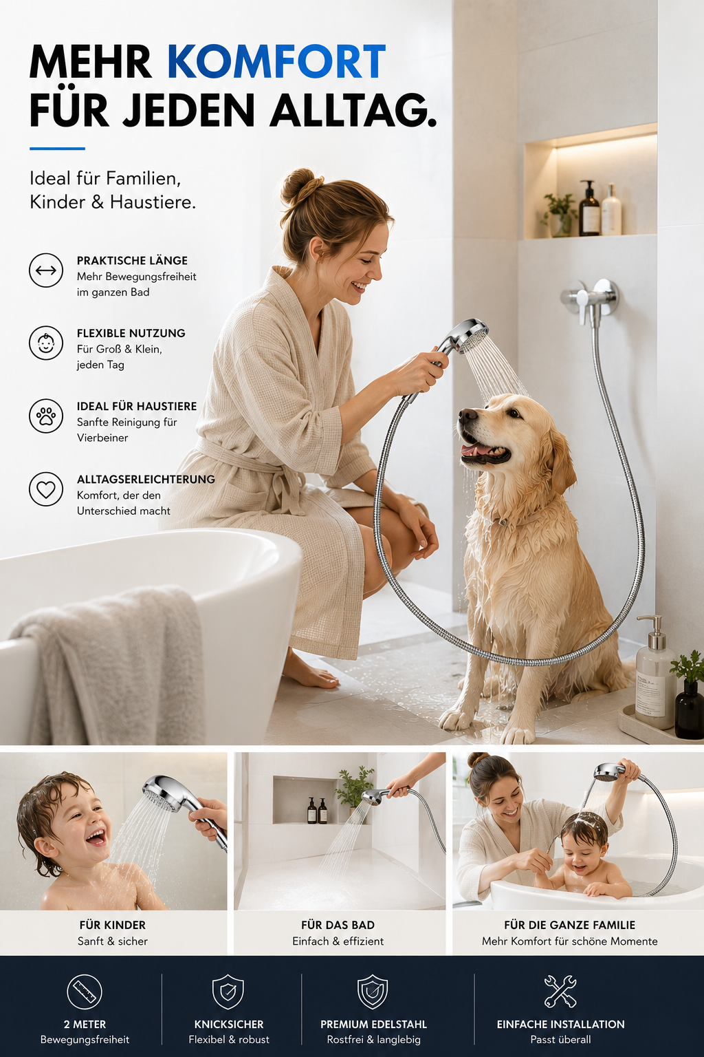 Brauseschlauch Duschschlauch Wanne Dusche Schlauch Bidet 2m 1/2" Edelstahl Qivee