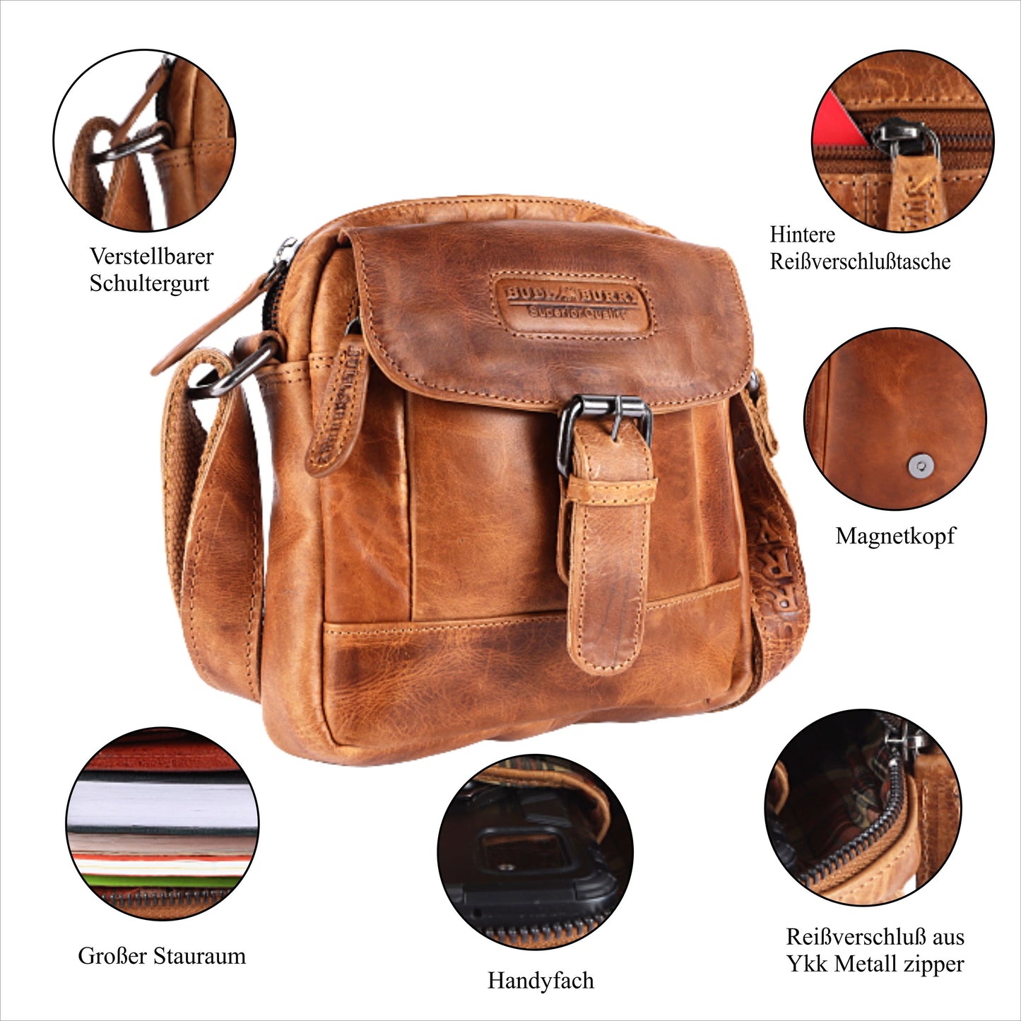 Leder Umhängetasche Herren Damen Schulter-Tasche Minibag Crossbag Bull & Burry