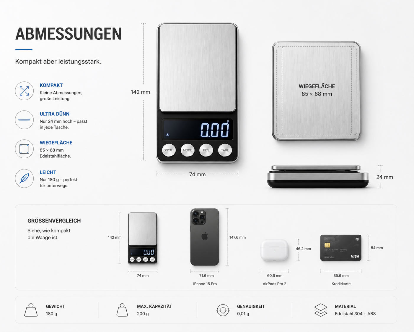 Digitale Feinwaage Taschenwaage 500 g 0,01 Waage Goldwaage Briefwaage Präzision