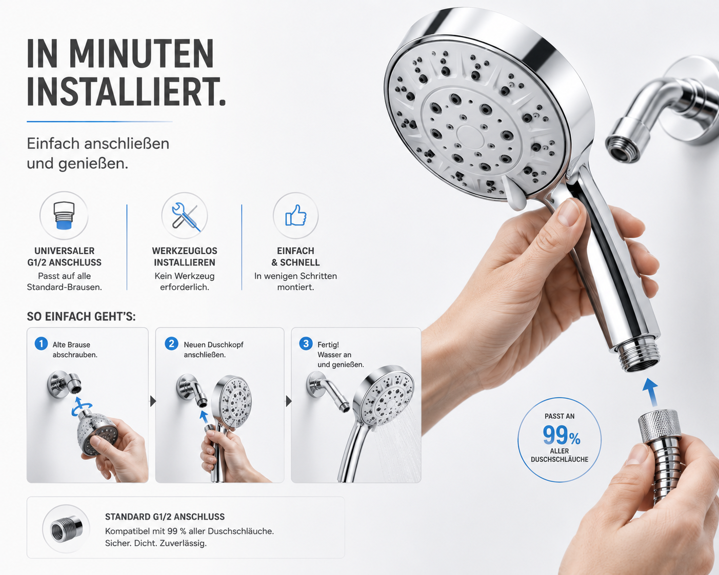 Duschkopf Hochdruck Handbrause Duschbrause Wassersparend mit 1.5m Schlauch 3Modi