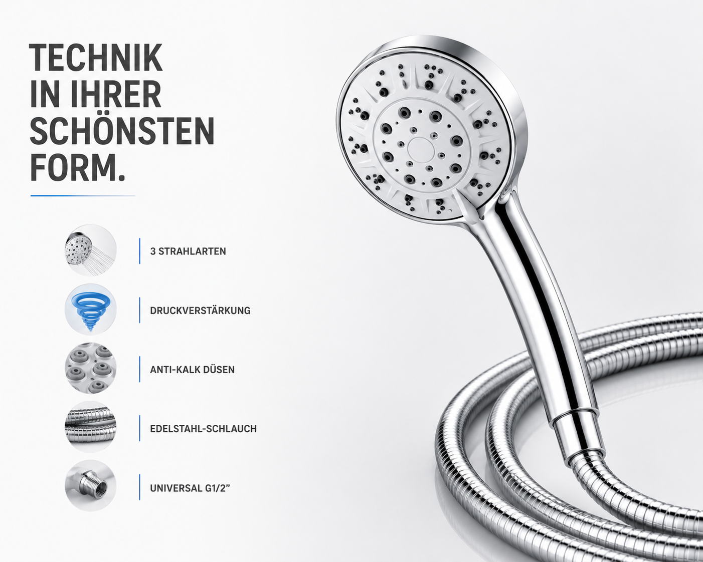 Duschkopf Hochdruck Handbrause Duschbrause Wassersparend mit 1.5m Schlauch 3Modi
