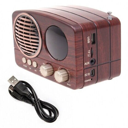 FM Radio Retro Lautsprecher AUX Bluetooth USB/SD/TF MP3 mit Akku Holz Gehäuse