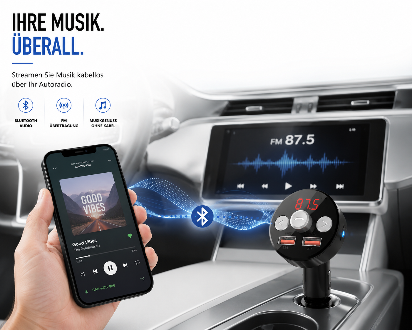 FM Transmitter Bluetooth 5.0 TF AUX Auto MP3 Player USB Ladegerät KFZ Dual Qivee