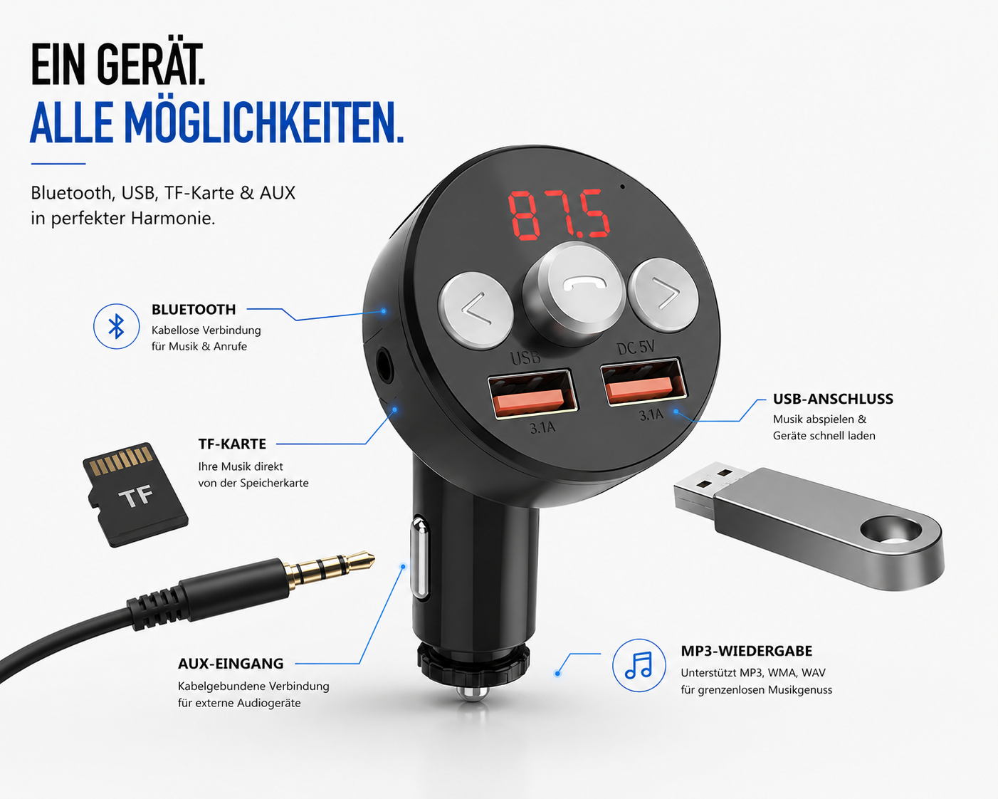 FM Transmitter Bluetooth 5.0 TF AUX Auto MP3 Player USB Ladegerät KFZ Dual Qivee