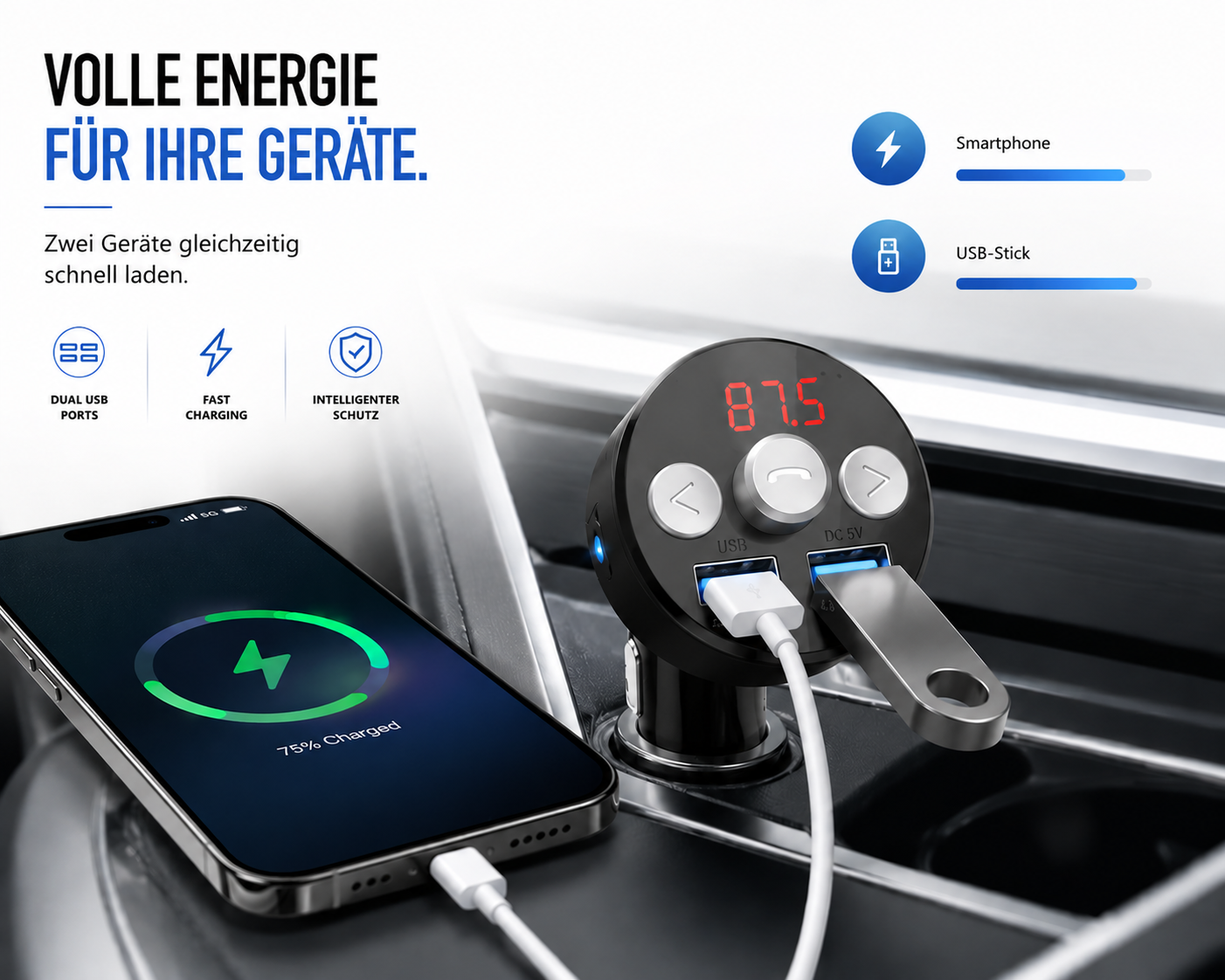 FM Transmitter Bluetooth 5.0 TF AUX Auto MP3 Player USB Ladegerät KFZ Dual Qivee