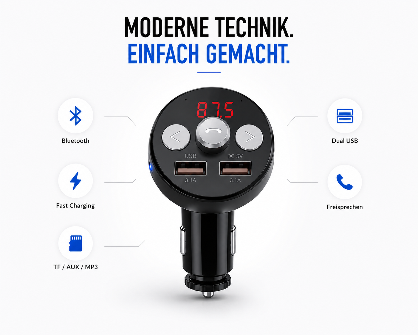 FM Transmitter Bluetooth 5.0 TF AUX Auto MP3 Player USB Ladegerät KFZ Dual Qivee