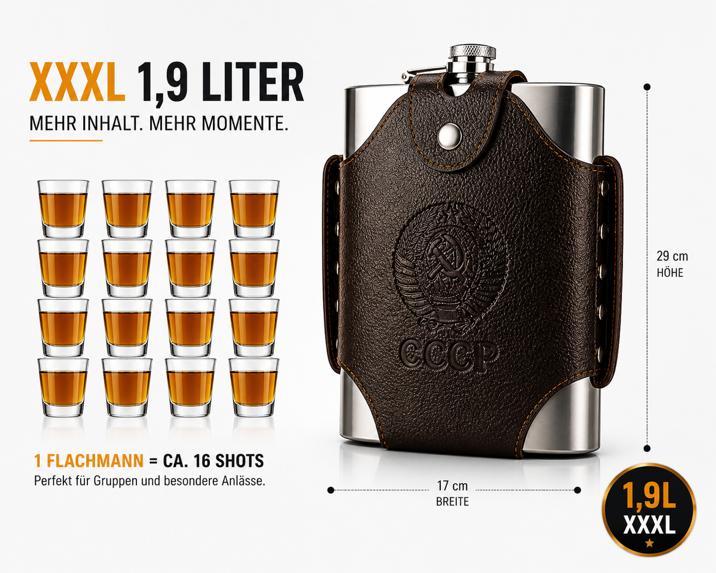 Flachmann Edelstahl Trinkflasche 1,9 Liter Umhängetasche Taschenflasche XXXL