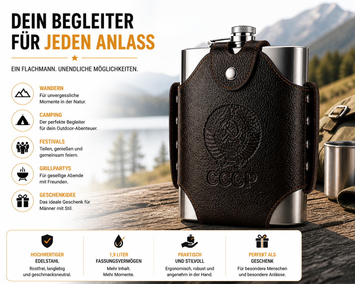Flachmann Edelstahl Trinkflasche 1,9 Liter Umhängetasche Taschenflasche XXXL