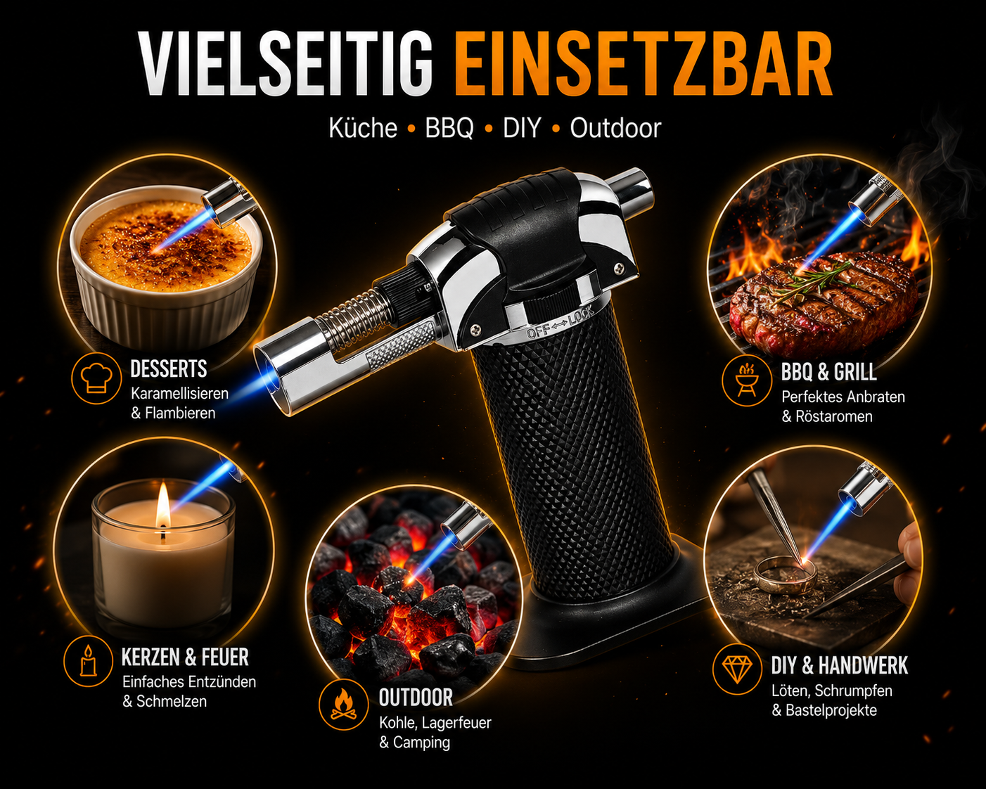 Flambierbrenner Bunsenbrenner Mini Gasbrenner Sturmflamme Crème-Brûlée Feuerzeug