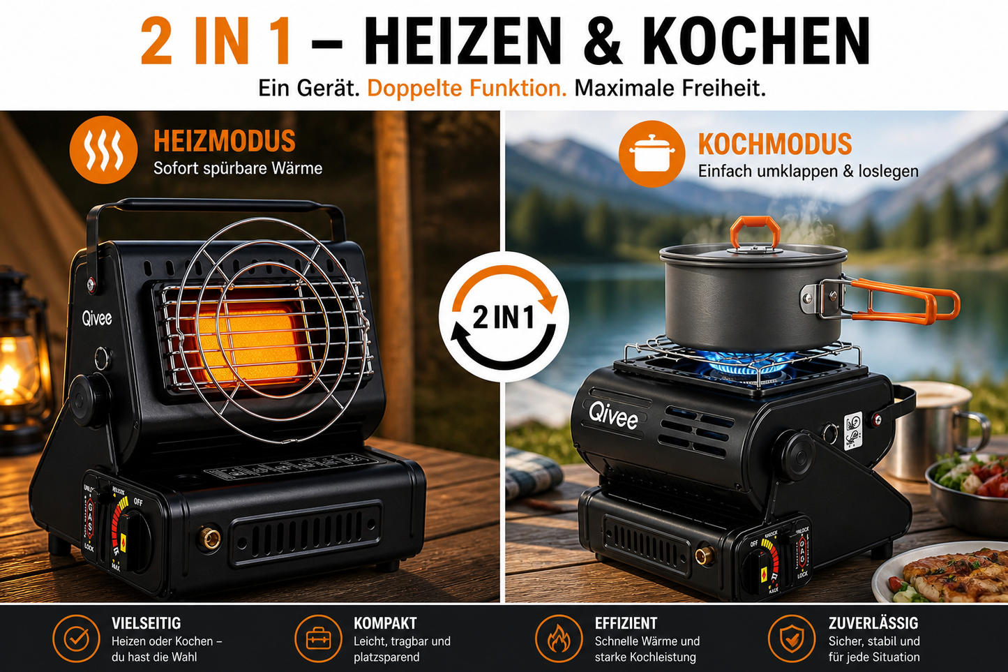 Gasheizung 2In1 Gasheizer Heizgerät Tragbare Camping Butan Infrarot Heizstrahler