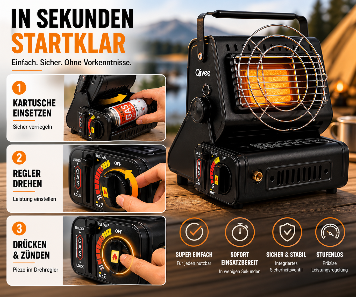 Gasheizung 2in1 Gasheizer Heizgerät Tragbare Camping Butan Infrarot Heizstrahler