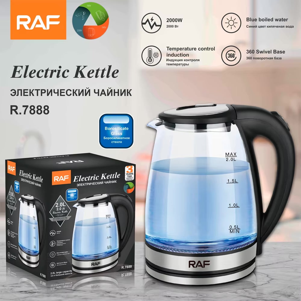 Wasserkocher Glas mit LED-Beleuchtung Edelstahl Teekocher 2.0L 2000W BPA-Frei