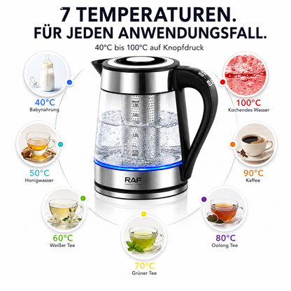 Glas Wasserkocher LED Edelstahl Teekocher 1,8L 2200W BPA-Frei mit Temperaturwahl