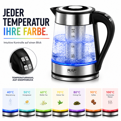 Glas Wasserkocher LED Edelstahl Teekocher 1,8L 2200W BPA-Frei mit Temperaturwahl