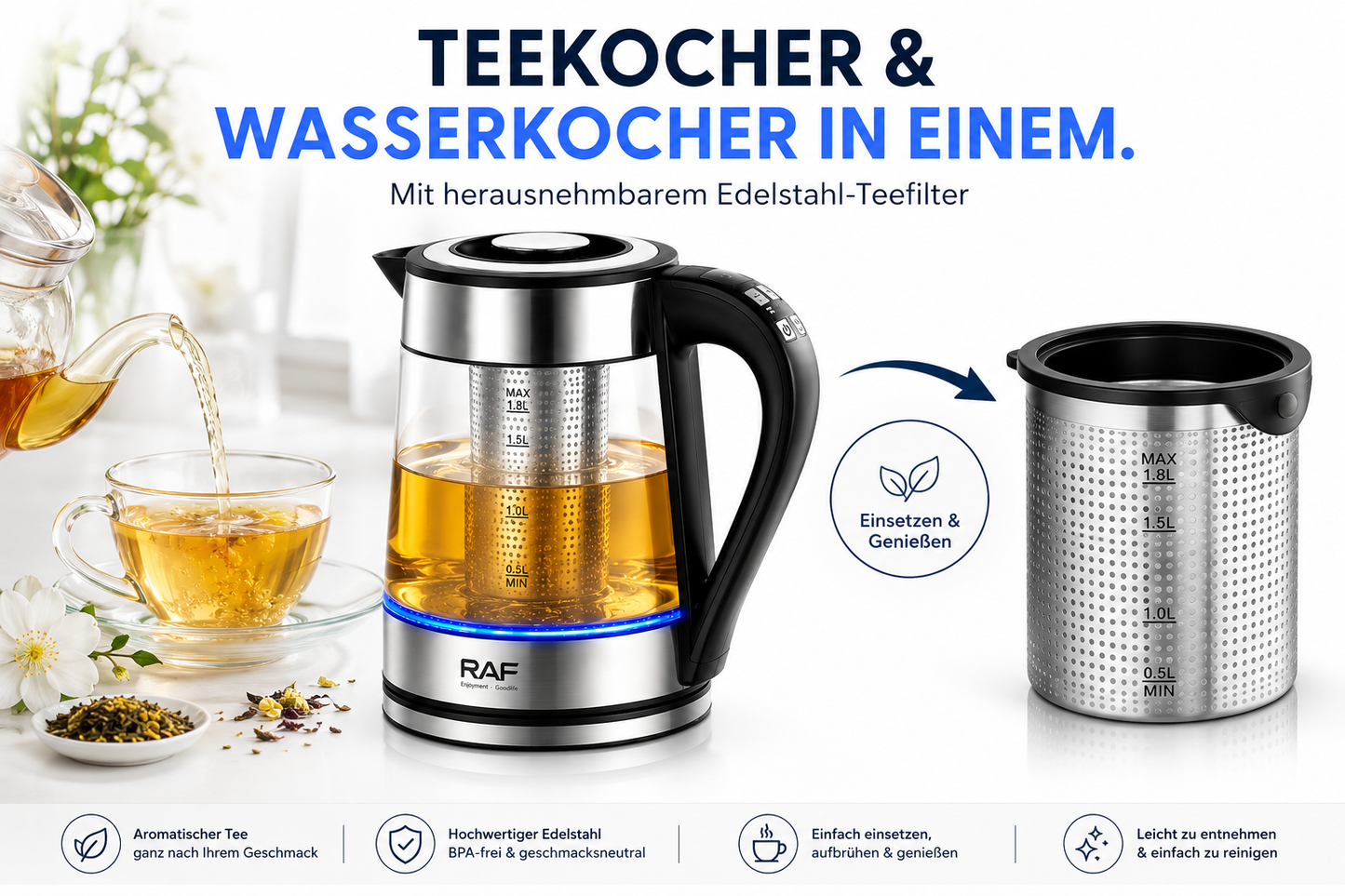 Glas Wasserkocher LED Edelstahl Teekocher 1,8L 2200W BPA-Frei mit Temperaturwahl