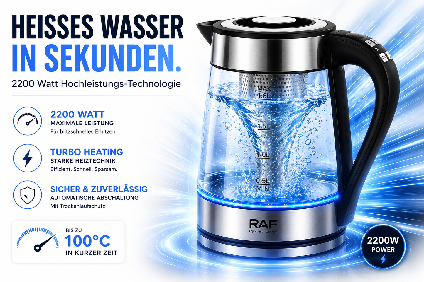 Glas Wasserkocher LED Edelstahl Teekocher 1,8L 2200W BPA-Frei mit Temperaturwahl