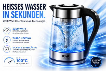 Glas Wasserkocher LED Edelstahl Teekocher 1,8L 2200W BPA-Frei mit Temperaturwahl
