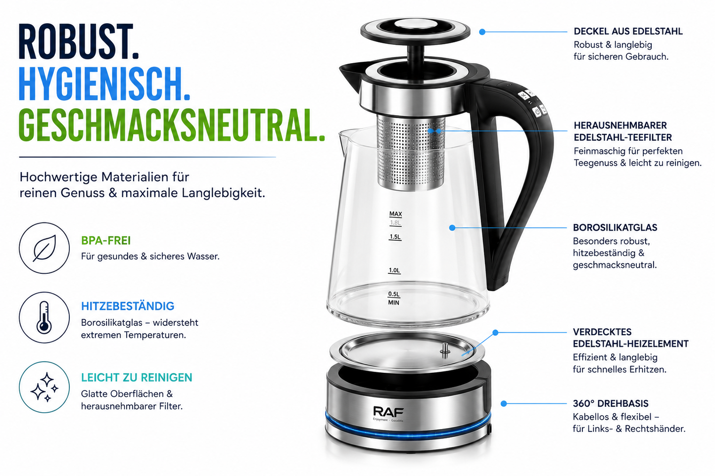 Glas Wasserkocher LED Edelstahl Teekocher 1,8L 2200W BPA-Frei mit Temperaturwahl