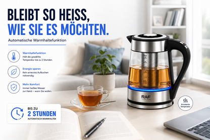 Glas Wasserkocher LED Edelstahl Teekocher 1,8L 2200W BPA-Frei mit Temperaturwahl