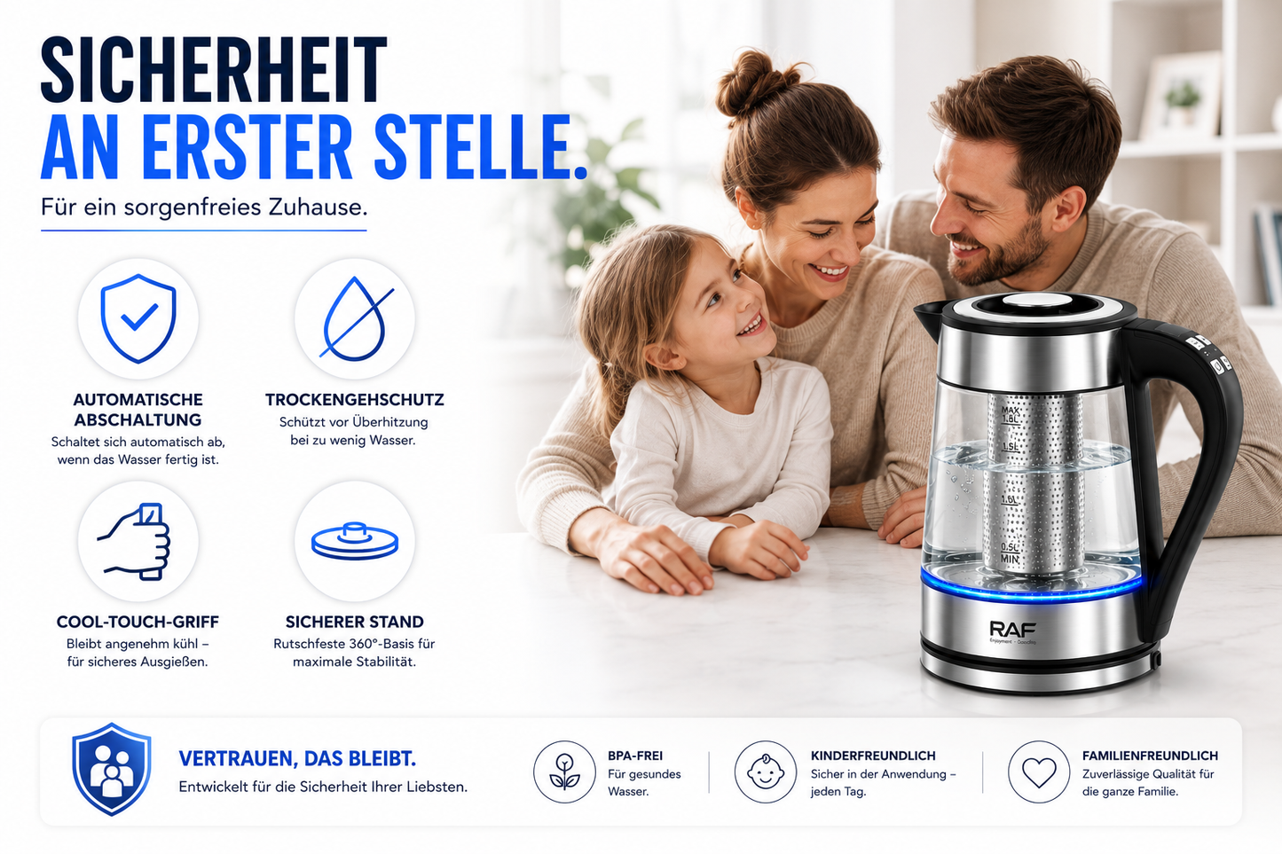 Glas Wasserkocher LED Edelstahl Teekocher 1,8L 2200W BPA-Frei mit Temperaturwahl