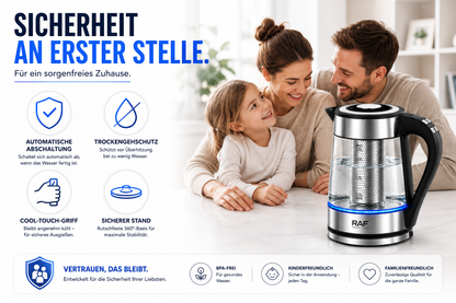 Glas Wasserkocher LED Edelstahl Teekocher 1,8L 2200W BPA-Frei mit Temperaturwahl