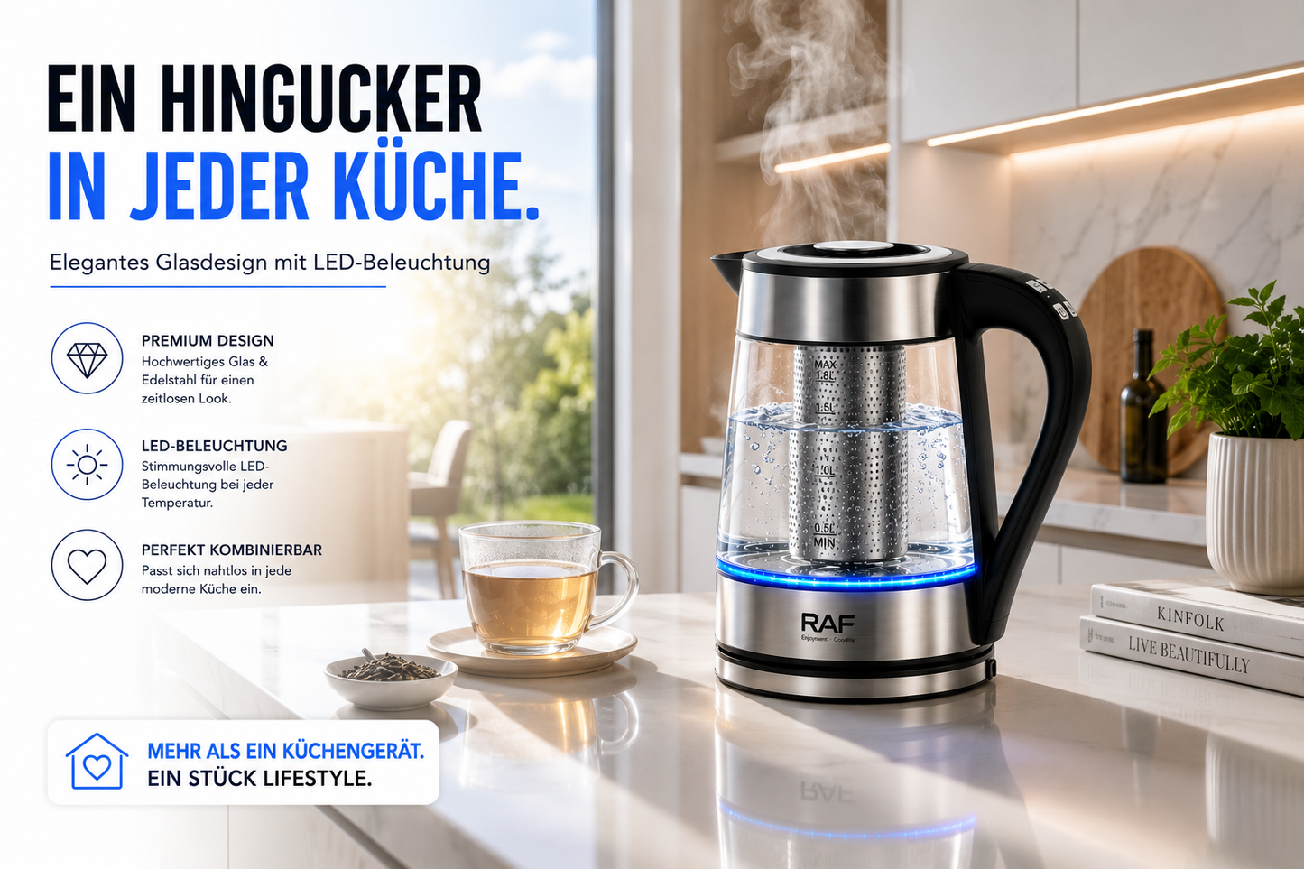 Glas Wasserkocher LED Edelstahl Teekocher 1,8L 2200W BPA-Frei mit Temperaturwahl