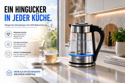 Glas Wasserkocher LED Edelstahl Teekocher 1,8L 2200W BPA-Frei mit Temperaturwahl