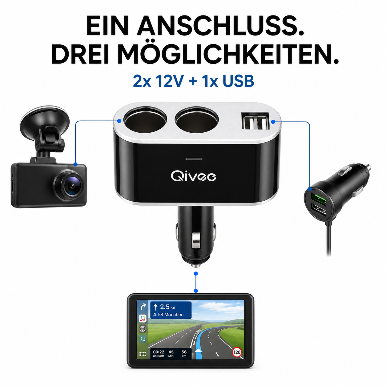 KFZ Adapter 2-Fach Dose Zigarettenanzünder Verteiler mit 12V/24V Steckdose Auto
