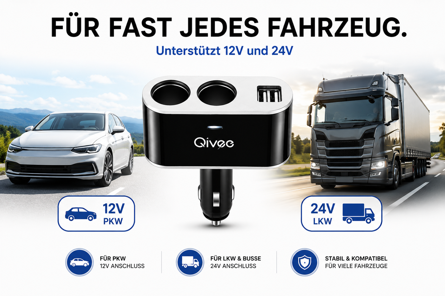 KFZ Adapter 2-Fach Dose Zigarettenanzünder Verteiler mit 12V/24V Steckdose Auto