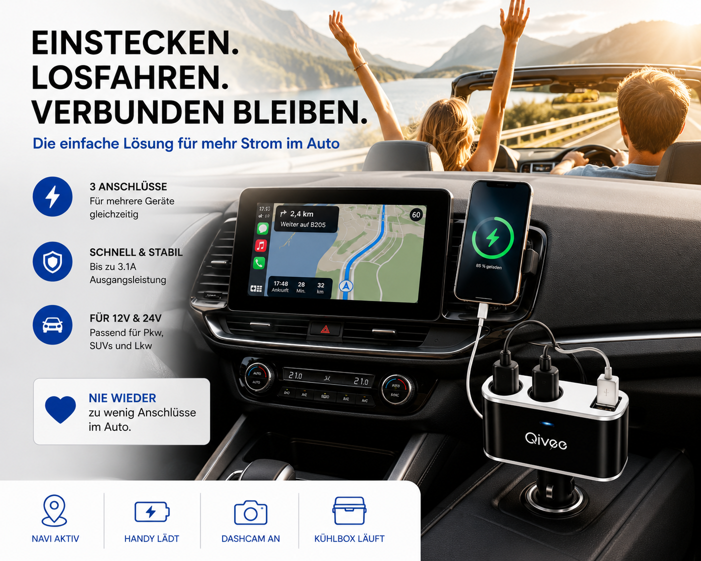 KFZ Adapter 2-Fach Dose Zigarettenanzünder Verteiler mit 12V/24V Steckdose Auto