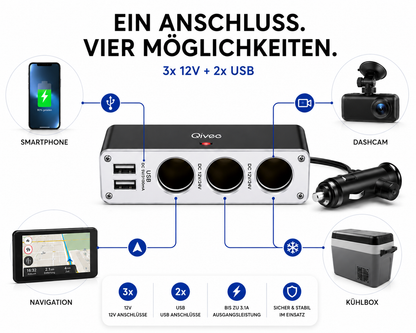 KFZ Adapter 3-Fach Dose Zigarettenanzünder Verteiler mit 12V/24V Steckdose Auto