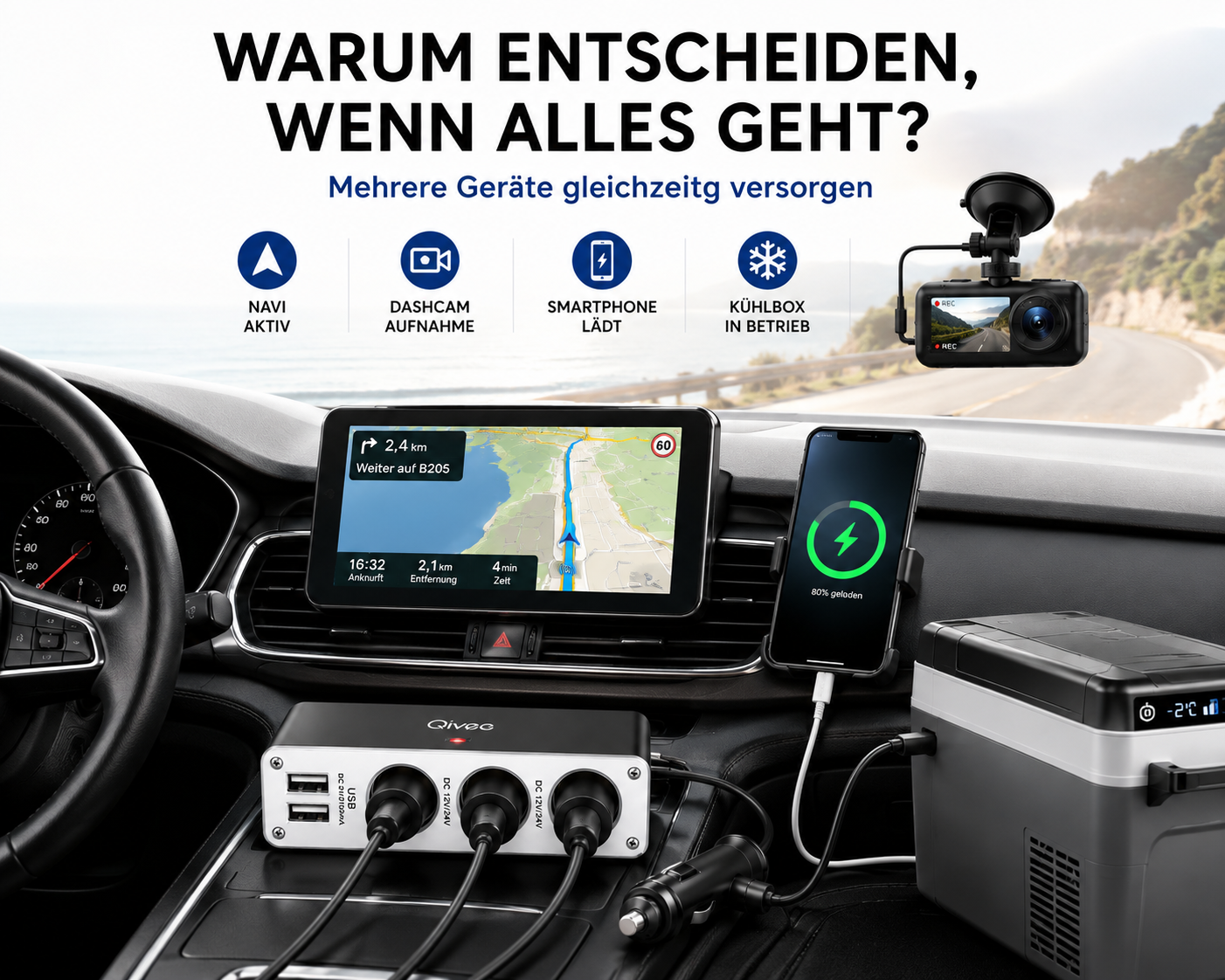 KFZ Adapter 3-Fach Dose Zigarettenanzünder Verteiler mit 12V/24V Steckdose Auto