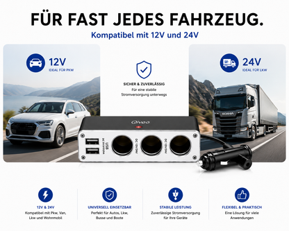 KFZ Adapter 3-Fach Dose Zigarettenanzünder Verteiler mit 12V/24V Steckdose Auto