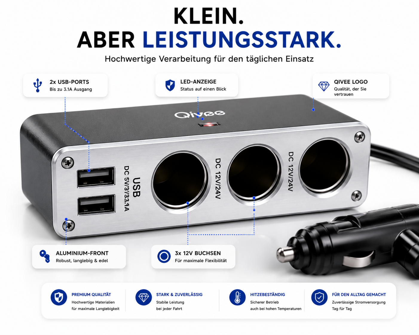 KFZ Adapter 3-Fach Dose Zigarettenanzünder Verteiler mit 12V/24V Steckdose Auto